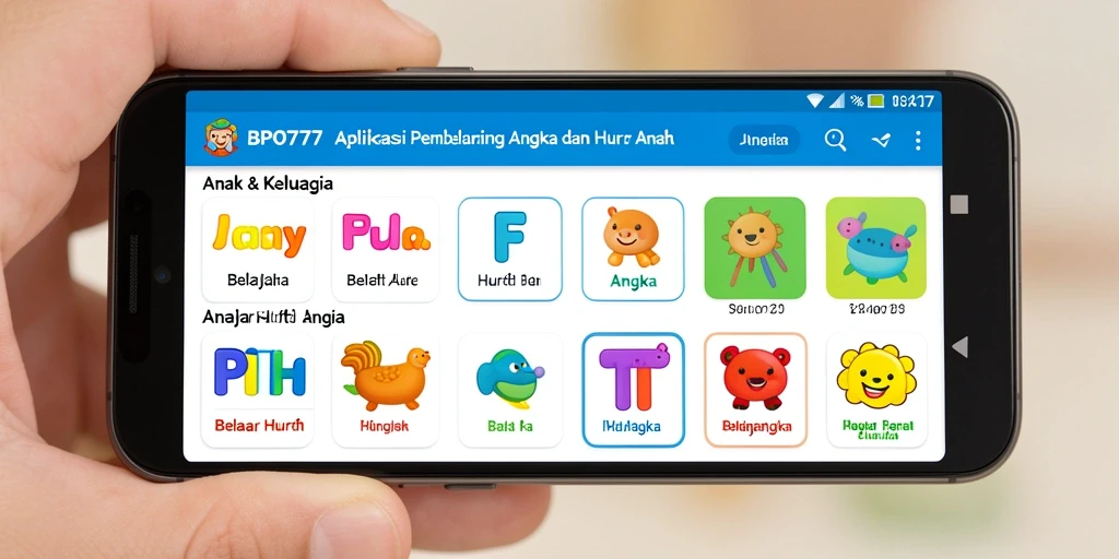 Antarmuka interaktif BPO777 untuk belajar huruf dan angka.