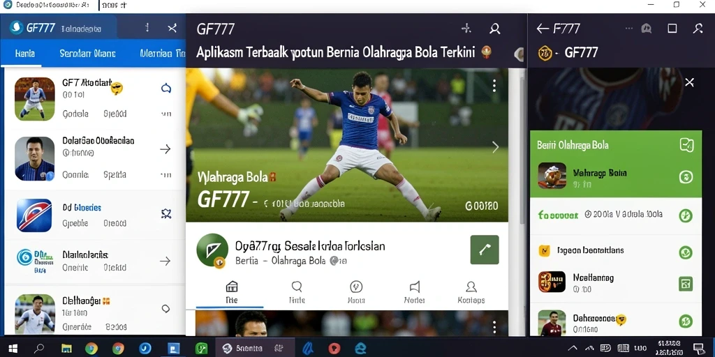 Screenshot antarmuka GF777 menampilkan berbagai fitur berita dan statistik olahraga bola.